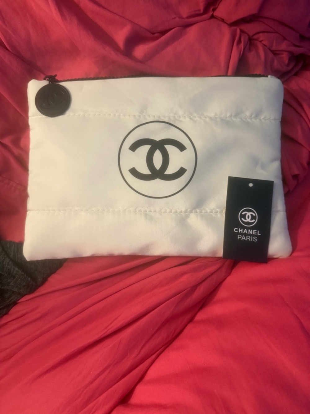 CHANEL White Cosmetic Pouch with Black Logo